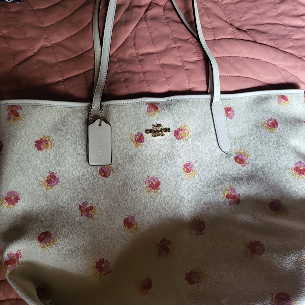 Coach White Tote with Pink Floral Design